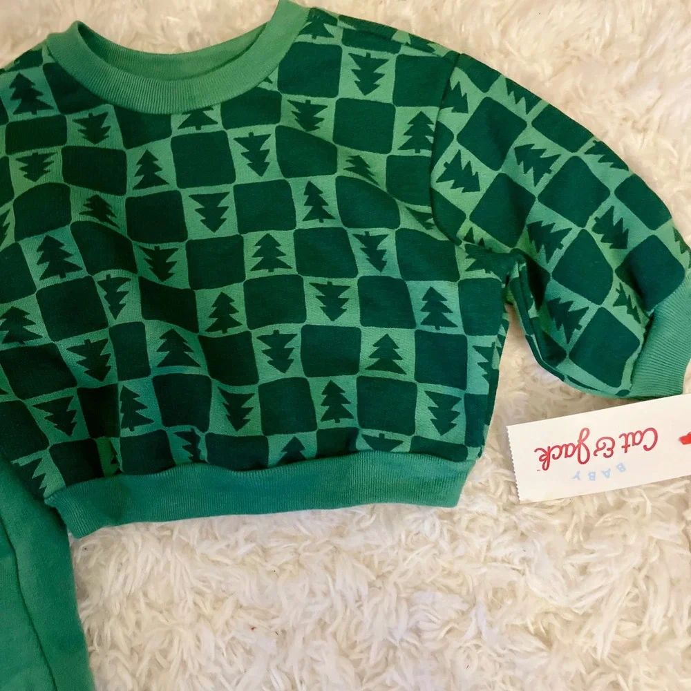 Cat & Jack Baby Green Tree Checkered Long Sleeve Sweatshirt Pants Outfit NB‎